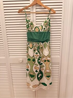 Max Studio Green and Cream Printed Spaghetti-Strap Dress